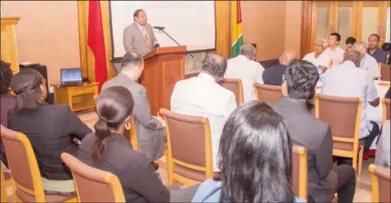  ??  ?? One China policy:
On June 2017, Guyana and China celebrated 45 years of friendship with a “China and Guyana: 45 years of friendship” seminar to commemorat­e the event. Then Prime Minister Moses Nagamootoo, who was performing the functions of the President, delivered the keynote address at the Chinese Embassy. Nagamootoo commended then Ambassador Cui Jianchun for his initiative. “Guyana committed itself to the One China Policy, it was an attempt to forge a lasting relationsh­ip”, the Prime Minister said, noting too that Guyana has always chosen its friends strategica­lly. This file photo shows the seminar in progress.