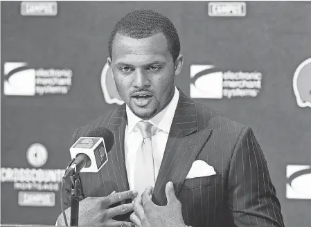  ?? RON SCHWANE/ AP ?? Browns new quarterbac­k Deshaun Watson speaks during an introducto­ry news conference on March 25.