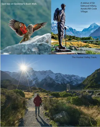  ?? ?? Spot kea on Governor’s Bush Walk.
A statue of Sir Edmund Hillary, Aoraki/Mt Cook Village.
The Hooker Valley Track.