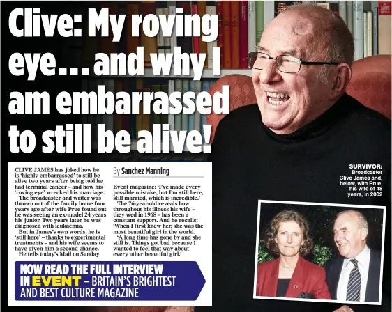  ??  ?? SURVIVOR: Broadcaste­r Clive James and, below, with Prue, his wife of 48 years, in 2002