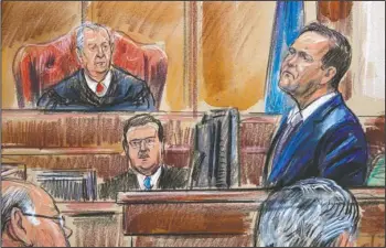  ?? The Associated Press ?? COURTROOM: This courtroom sketch depicts Rick Gates on the witness stand as he is cross examined by defense lawyer Kevin Downing during the trial of former Donald Trump campaign chairman Paul Manafort on bank fraud and tax evasion at federal court in Alexandria, Va., on Tuesday. U.S. District court Judge T.S. Ellis III presides.