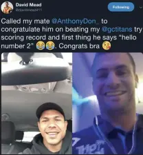  ??  ?? An Instagram post showing how Anthony Don greeted David Mead after breaking his Titans try-scoring record.