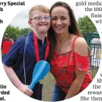  ??  ?? Muskerry Special Olympics Club member Ian Cahalane with his proud mum after competing in the Munster Games in CIT recently for the first time. Ian competed in the Mini Javelin and was awarded the gold medal.