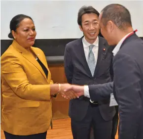  ?? Photo: Laiseana Nasiga ?? From left: Minister of Industry, Trade and Tourism Premila Kumar and Parliament­ary Vice Minister for Foreign Affairs of Japan Norihiro Nakayama after the opening of the Fiji-Japan Trade and Investment Seminar at USP on February 25, 2020.