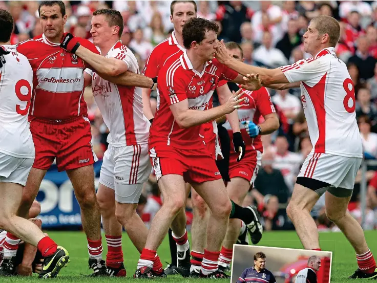  ?? ?? RED-HOT RIVALRY: Derry and Tyrone square up (main); O’Mahony and Harte as opposing bosses (right)
