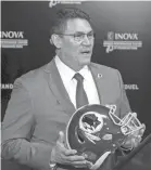  ?? ALEX BRANDON/AP ?? While Ron Rivera is in as the new head coach in Washington, Redskins as a nickname along with the imagery is out.