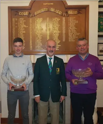  ??  ?? At Co Sligo Golf Club: Joseph Keyes, Captain Tom Horkan and Joe Keyes, winners of Club Fourball.