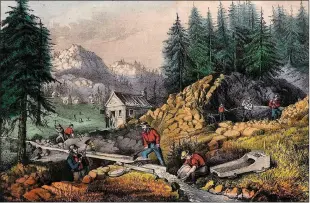  ?? Courtesy photo / Sharon Marovich ?? This Currier and Ives lithograph shows various types of mining and how difficult it could be to extract gold.