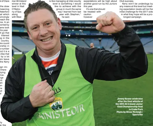  ??  ?? Jimmy Keane celebrates after the final whistle of the 2015 All Ireland Junior Club Championsh­ip final in Croke Park Photo by Oliver McVeigh / Sportsfile