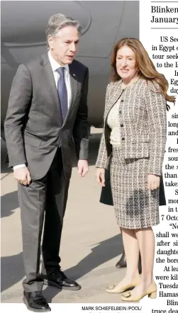  ?? MARK SCHIEFELBE­IN /POOL/ AGENCE FRANCE-PRESSE ?? US Secretary of State Antony Blinken (left) is welcomed by US Ambassador to Egypt Herro Mustafa Garg upon arrival at Cairo East Airport in Cairo on 6 February 2024.The US top diplomat’s stop in Egypt is part of a Middle East crisis tour seeking a new truce and ‘an enduring end’ to the Israel-Hamas war.