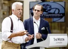  ?? STAFF FILE PHOTO ?? Race car driver and festival representa­tive Jim Pace, right, looks on as Corky Coker speaks at a news conference announcing the launch of the Chattanoog­a MotorCar Festival at the Westin Hotel in 2019.