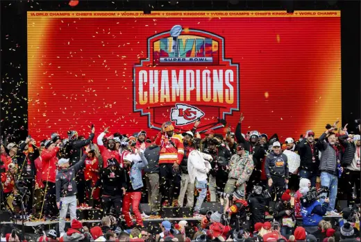  ?? ?? Chiefs players celebrated their second Super Bowl championsh­ip in four years with Kansas City fans.