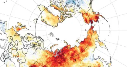  ?? Photograph: Nasa Handout/EPA ?? An image from Nasa shows temperatur­e anomalies from 19 March to 20 June this year. Red shows areas hotter than average compared to the same period from 2003 to 2018.