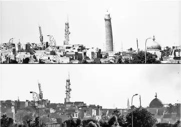  ??  ?? This combinatio­n of pictures shows (top) Mosul’s leaning Al-Hadba minaret and (bottom) Mosul’s skyline missing it’s trademark minaret the day after it was blown up by Islamic State (IS) group fighters. — AFP photo