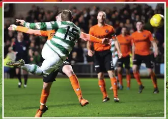  ??  ?? Clinical Bhoys: Griffiths fires Celtic into the lead with an excellent finish (main), while Commons also scores a great volley to seal the victory at Tannadice (left)