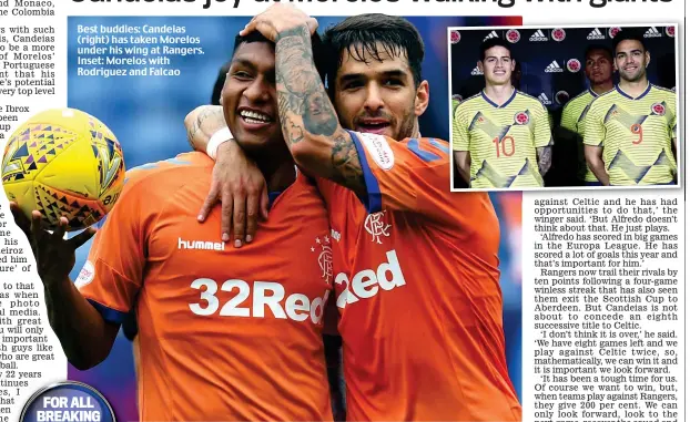  ??  ?? Best buddies: Candeias (right) has taken Morelos under his wing at Rangers. Inset: Morelos with Rodriguez and Falcao