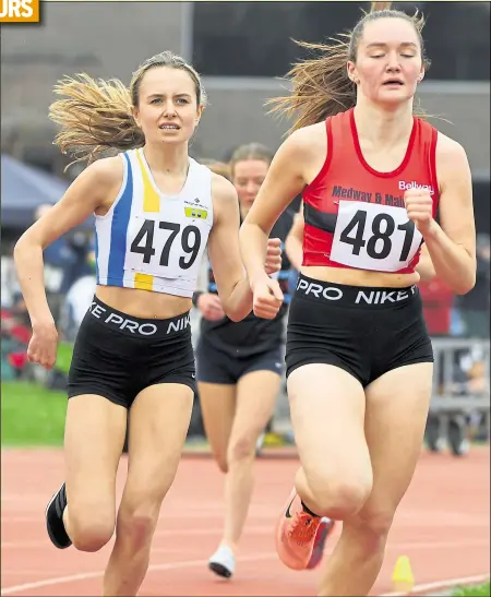  ?? Picture: Barry Goodwin (56696238) ?? Medway & Maidstone’s Abigail Royden, right, battles Sevenoaks’ Eliza Nicholson in the under-17 women’s 1,500m at the Kent County Track and Field Championsh­ips. Round-up, page 51