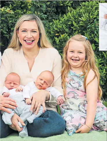  ??  ?? Juliana Queen at home with her newborn twins, husband Graham and daughter Amelia, and above, brothers Louis, left, and Harris Picture Andrew Cawley