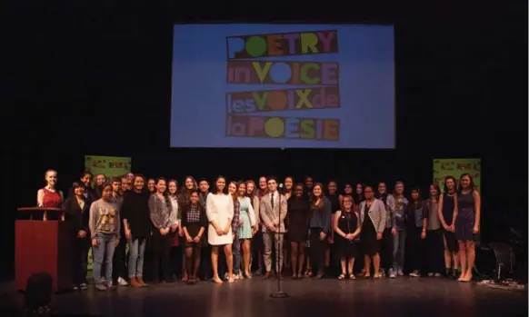  ?? DAVID WALDMAN/POETRY IN VOICE ?? All 39 national finalists of Poetry in Voice 2016 gather on stage in Toronto at the Isabel Bader Theatre.