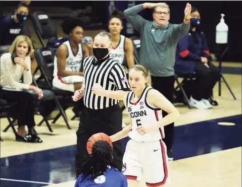  ?? David Butler II / USA Today ?? UConn’s Paige Bueckers (5) dribbles against Seton Hall on Wednesday at Gampel Pavilion.