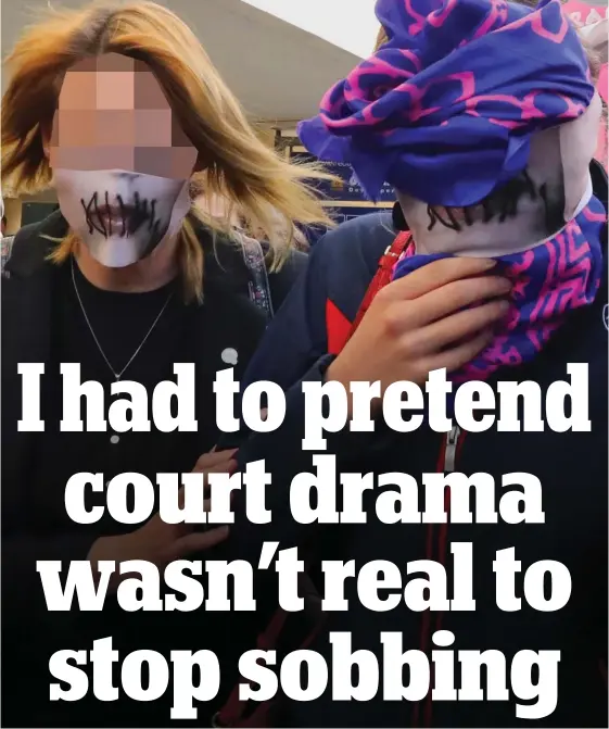  ??  ?? Ordeal: Mother and daughter (right) outside court. Both wore masks with lips sewn shut in protest at silenced victims