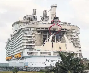  ??  ?? The world’s largest cruise ship, ‘Harmony of the Seas’, is seen at the cruise port in Falmouth on one of its biweekly calls. Caribbean cruise arrivals recorded its best performanc­e at the top half of 2017.