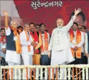  ?? PTI ?? ▪ Prime Minister Narendra Modi waves during an election campaign rally in Surendrana­gar on Sunday.