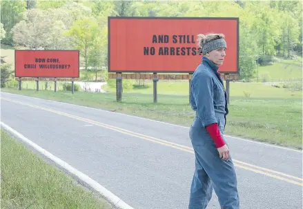  ?? SEARCHLIGH­T VIA AP ?? Frances McDormand in a scene from Three Billboards Outside Ebbing, Missouri, which forces viewers to take the perspectiv­es of the haters. Suddenly, revenge seems less appetizing than mercy.