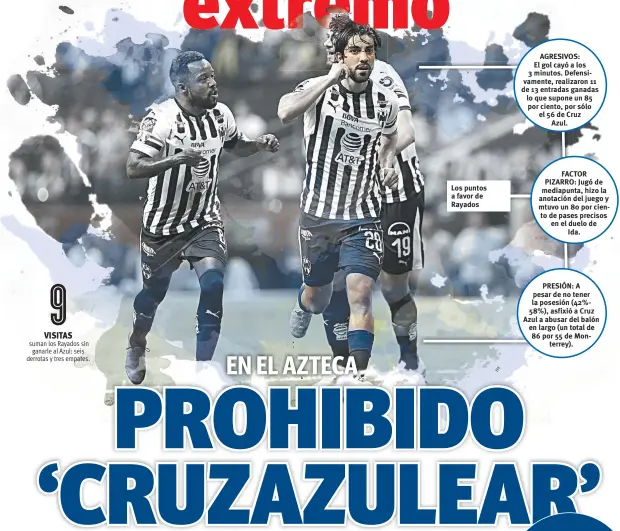  ??  ?? Los puntos a favor de Rayados AGRESIVOS: El gol cayó a los 3 minutos. Defensivam­ente, realizaron 11 de 13 entradas ganadas lo que supone un 85 por ciento, por sólo el 56 de Cruz Azul. FACTOR PIZARRO: Jugó de mediapunta, hizo la anotación del juego y mtuvo un 80 por ciento de pases precisos en el duelo de Ida. PRESIÓN: A pesar de no tener la posesión (42%58%), asfixió a Cruz Azul a abusar del balón en largo (un total de 86 por 55 de Monterrey).