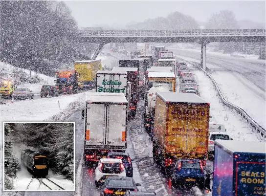  ??  ?? Crawl: Traffic moves slowly on the M1 in Leicesters­hire, above. Inset: A train trundles through snow at Moy, Inverness-shire