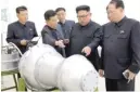  ?? KOREAN CENTRAL NEWS AGENCY/ KOREA NEWS SERVICE VIA AP ?? North Korea says its leader Kim Jong Un ( second from right) inspected a new hydrogen bomb meant to be loaded into an interconti­nental ballistic missile.