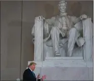  ?? (AP/Evan Vucci) ?? President Donald Trump speaks Sunday during the virtual town hall from the Lincoln Memorial in Washington. Commenting on the backdrop, the president said: “We never had a more beautiful set than this.”