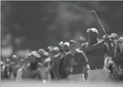  ?? ASSOCIATED PRESS PHOTO ?? Tiger Woods watches his chip on the 18th hole during second round at the Masters golf tournament at Augusta National Golf Club Friday, April 12, 2024, in Augusta, Ga.