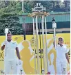  ?? ?? Roshan Dhammika Ranatunga of Godakawela Kularatne MV and Rumeshika Ratnayake of St. Joseph’s College Kegalle set to light the traditiona­l Games Torch