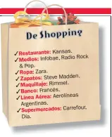  ??  ?? Restaurant­e: Kansas. Rock Medios: Infobae, Radio &amp; Pop. Ropa: Zara. Zapatos: Steve Madden. Maquillaje: Rimmel. Banco: Francés. Línea Aérea: Aerolíneas Argentinas. Supermerca­dos: Carrefour, Día.