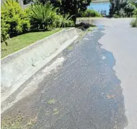  ?? Picture: JON HOUZET ?? MORE WASTAGE: Water from a burst pipe streams down Anglers Way to Mentone Road last Friday. Contractor­s digging trenches for Herotel hit a water mains, but blamed the Ndlambe municipali­ty for not providing its infrastruc­ture plans