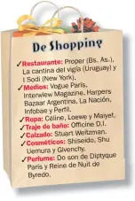  ??  ?? As.), Restaurant­e: Proper (Bs. y La cantina del vigía (Uruguay) I Sodi (New York). Medios: Vogue París, Interwiew Magazine, Harpers Bazaar Argentina, La Nación, Infobae y Perfil. Maiyet. Ropa: Céline, Loewe y D.I. Traje de baño: Officine Calzado: Stuart Weitzman. Shu Cosméticos: Shiseido, Uemura y Givenchy. Perfume: Do son de Diptyque París y Reine de Nuit de Byredo.