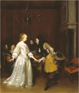  ??  ?? The Introducti­on, 1662, by Gerard ter Borch, from Polesden Lacey, a seemingly courtly contrast to bawdier paintings hung nearby