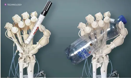  ?? ?? Researcher­s produced a functional, tendon-driven robotic hand that has 19 independen­tly actuatable tendons, soft fingers with sensor pads and rigid, loadbearin­g bones.