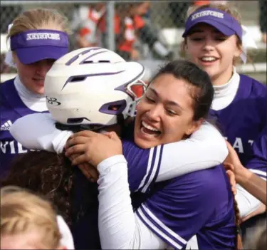  ?? RANDY MEYERS — THE MORNING JOURNAL ?? Keystone’s Sammie Stefan, hugging Madi Nunez, was named a first team All-American by the National Fastpitch Coaches Associatio­n on July 7. It is the second time Stefan has been named to the first team (2016).