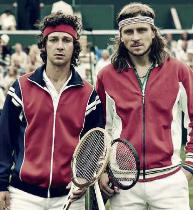  ??  ?? Campioni In alto Shia LaBeouf e Sverrir Gudnason in una scena del film «Borg McEnroe» di Janus Metz. A sinistra, Adriano Panatta con l’amico e rivale Bjorn Borg nel 1978 agli Internazio­nali di tennis di Roma