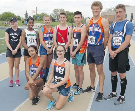  ?? NICK BRANCACCIO ?? WECSSAA track all-stars at University of Windsor Alumni Field. Front row: Jasmine Scott-Kilgo and Samantha Marchenkow­sky. Back row: Chloe Walker, Taneidra Cain, Karlie Moore, Seth Kwasnicki, Noah Costa, Tyler Jones and Gage Marshall.