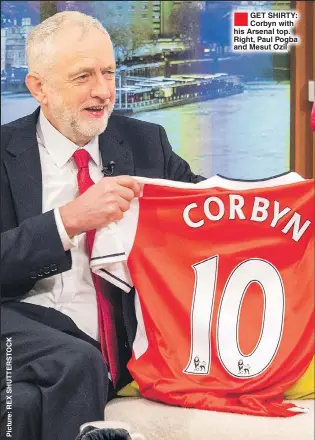  ??  ?? ®Ê GET SHIRTY: Corbyn with his Arsenal top. Right, Paul Pogba and Mesut Ozil