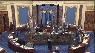  ?? Associated Press ?? In this image from video, House impeachmen­t manager Rep. Eric Swalwell, D-Calif., speaks during the second impeachmen­t trial of former President Donald Trump in the Senate at the U.S. Capitol on Wednesday.