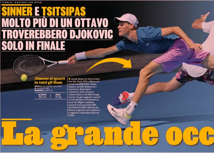  ?? ?? Jannik Sinner ha vinto le Next Gen Atp Finals 2019 a Milano e 6 tornei: nel 2020 Sofia (veloce indoor); nel 2021 Melbourne 1 (cemento), Washington (cemento), Sofia, Anversa (veloce indoor); nel 2022 Umago (terra). Ha già raggiunto i quarti in tutti gli Slam (in Australia un anno fa). Miglior classifica, numero 9 nel novembre 2021. Dal febbraio 2022 è allenato da Simone Vagnozzi, cui in estate si è aggiunto l’australian­o Darren Cahill.