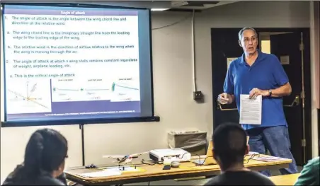  ??  ?? Local profession­al pilot and flight instructor Wally Hale explains to guests in attendance what the Imperial County’s new aviation Explorer post will o er during an introducto­ry meeting held Thursday night at the Imperial County Airport in Imperial. PHOTO VINCENT OSUNA