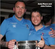  ??  ?? Andy Moore and John Fenlon. TOP OF PAGE: The North End United players stand for the team picture ahead of the FAI New Balance Junior Cup Final match against Pike Rovers at the Aviva Stadium.