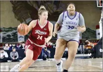 ?? GREG OTT — RIDER ATHLETICS ?? Rider’s Makayla Firebaugh (24) drives to the basket past Niagara’s Sydney Faulcon (30) during a MAAC Tournament quarterfin­al women’s basketball game on Wednesday afternoon at Boardwalk Hall in Atlantic City.