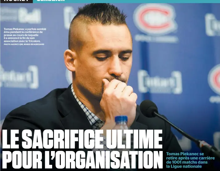  ?? PHOTO AGENCE QMI, MARIO BEAUREGARD ?? Tomas Plekanec a parfois semblé ému pendant la conférence de presse au cours de laquelle il a annoncé la fin de son associatio­n avec le Tricolore.