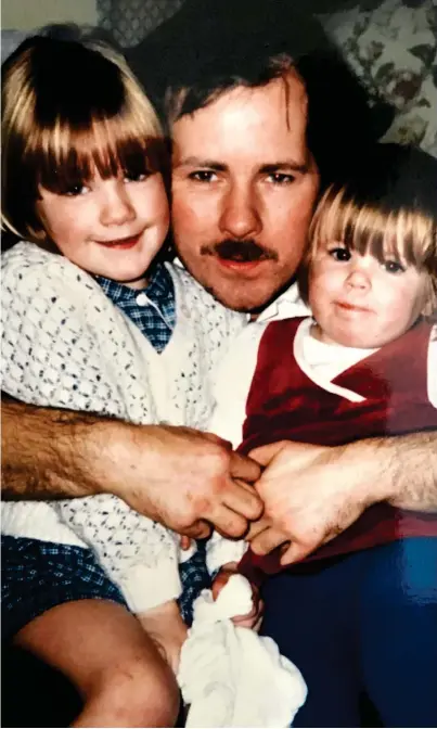  ??  ?? ‘MY BIG, STRONG DAD’: Young Katie, left, and her younger sister Laura with their father in 1985